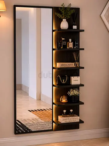 Wall-mounted Full-Length Mirror with Built-in Shelves and LED Backlight