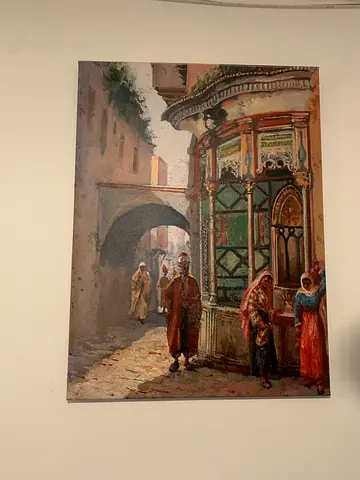 Vintage Oriental Street Scene Painting on Canvas