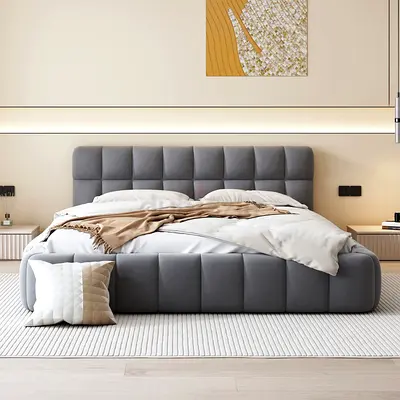 Modern Upholstered King Size Bed with Padded Headboard - Grey