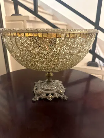 Decorative Mosaic Glass Footed Bowl on Ornate Metal Base
