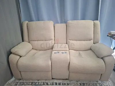 Fabric reclining double sofa with cup holders and storage box - TV companion