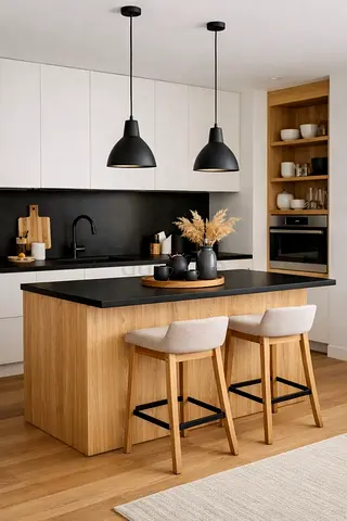 Modern Oak Kitchen Island with Black Countertop and Bar Stools (Set)