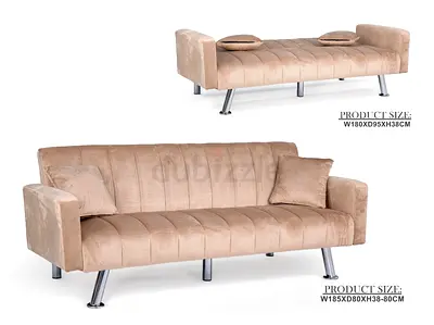 Beige Convertible Sofa Bed - 3-Seater with Cushions