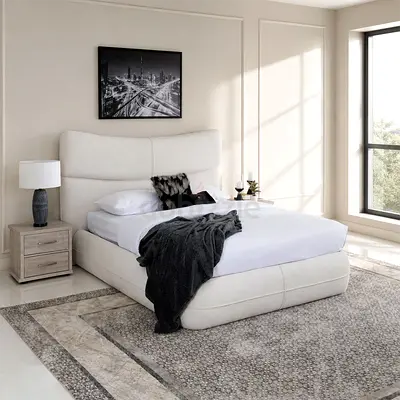 Curved headboard off white boucle twin bed