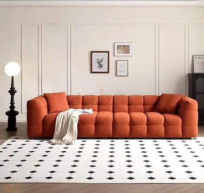 Modern Orange Tufted 3-Seater Sofa - Comfortable Chunky Design-Boucle fabric