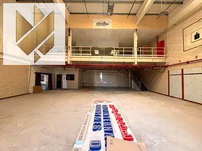 Warehouse for rent in Al Sajaa Industrial Area, 5500 sq ft, main street, with offices, mezzanine, fire system, and 25 kW electricity.