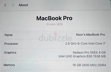 MacBook Pro 15-inch (2019) - 2.6GHz i7, 16GB RAM, Radeon Pro 555X.
