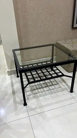 Glass Top Metal Coffee Table with Lower Grid Shelf - Black