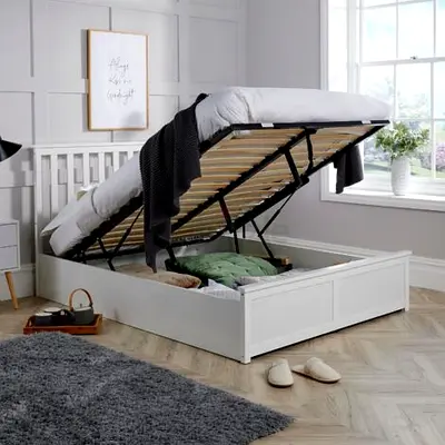 White mdf queen bed with gas lift storage