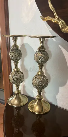 Pair of Gold Decorative Candle Holders with Mosaic Spheres