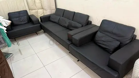Black Leather 3-Seater Sofa with Two Armchairs — Good Condition