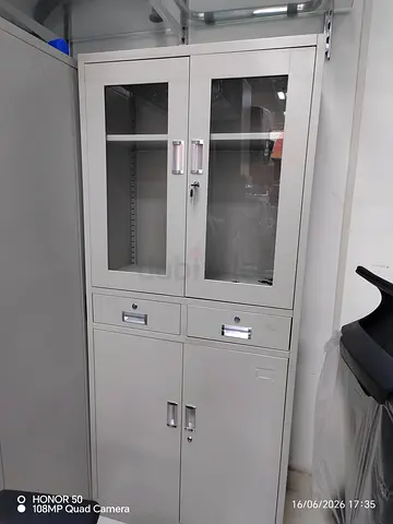 Metal Storage Cabinet with Glass Doors and Lockable Drawers