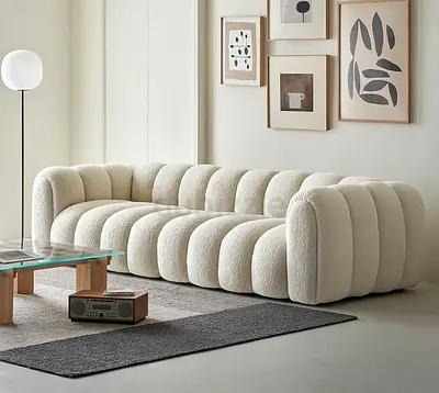 Ivory Curved Channel-Back 3-Seater Sofa (Bouclé)