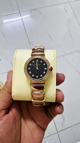 Rose Gold Womens Bvlgari-style Watch with Black Dial and Crystal Markers