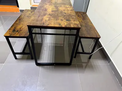 Industrial Style Dining Table with Two Benches