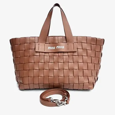 Authentic Miu Miu Brown Woven Leather Tote and Shoulder Bag