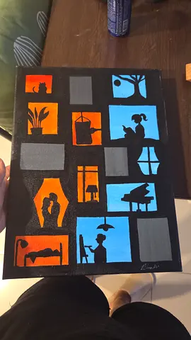 Handmade silhouette acrylic painting of daily life scenes