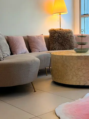 Light grey sofa with ottoman and Coffee table — good condition