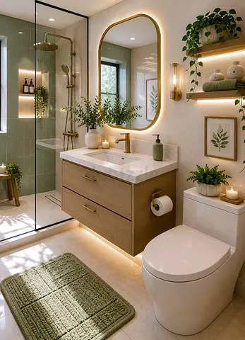 Modern wooden vanity with marble top and wall-mounted mirror (floor lamp and accessories shown)