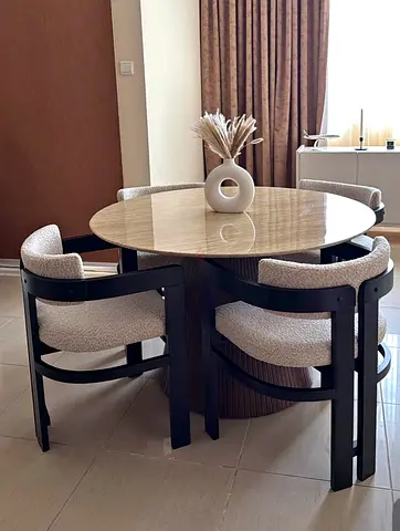 Round Marble-Top Dining Table with 4 Upholstered Chairs