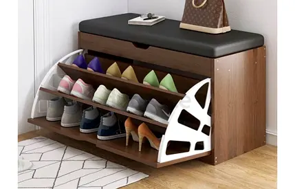 Compact wooden Shoe Storage Bench with Cushioned Top - Walnut Finish -60x33x51 cm