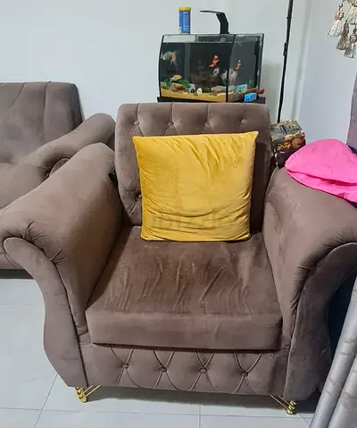 3+1+1 set brown velvet armchair with gold feet and yellow cushion