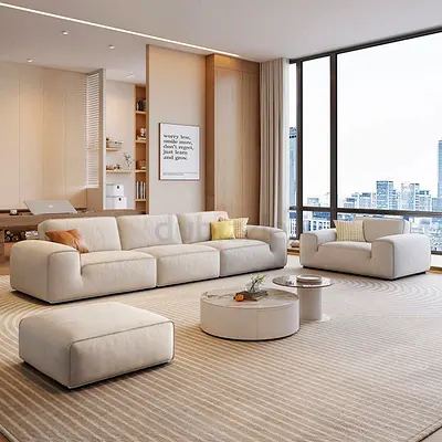 Modern Beige Fabric Sofa Set with Armchair and Ottoman