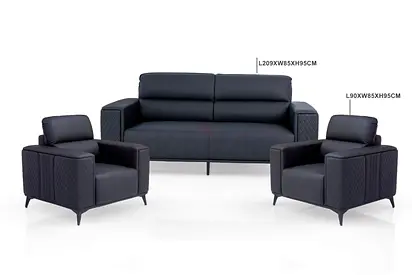 3-piece Modern Black Leather Sofa Set — 3-seater + 2 Armchairs