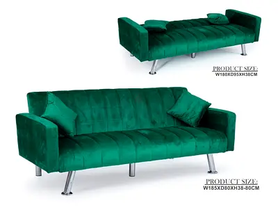 Green Velvet Convertible Sofa Bed — 3-Seater with Cushions