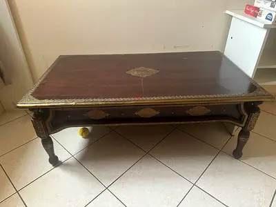 Solid Wood Ornate Coffee Table with Brass Inlay