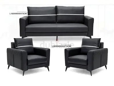 Black 3-Seater Sofa with Two Matching Armchairs - Modern Leatherette Set