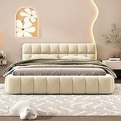 Cream Upholstered Platform Bed with Padded Headboard - Queen/King