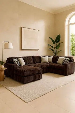 Modern Brown Ribbed L-Shape Sectional Sofa