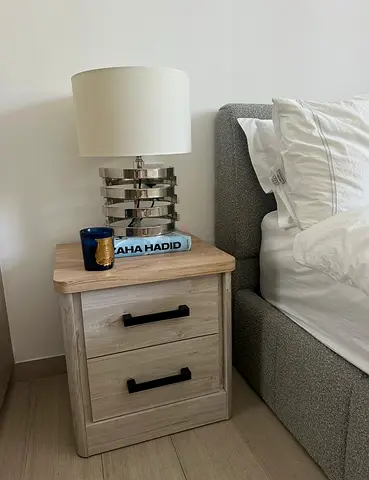 Lot of 2 Light Wood 2-Drawer Nightstand with Black Handles
