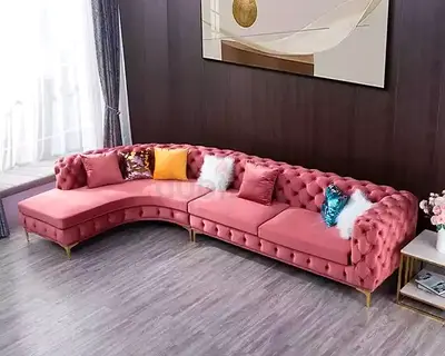 Modern Chesterfield Curved Velvet Sofa Set in Pink