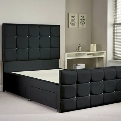 Black Upholstered Double Bed with Padded Headboard  Footboard