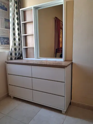 White 6-Drawer Dressing Table with Mirror and Shelves - Good Condition