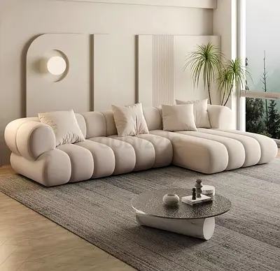 Modern Curved Modular Fabric Sofa - Light Beige, 4-Seater Sectional