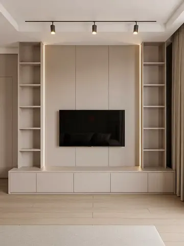 Modern built-in entertainment center with shelving and cabinets