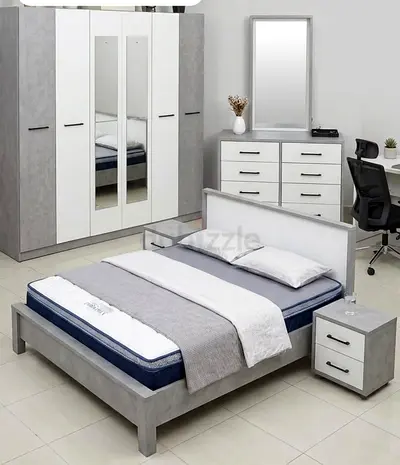 Modern Grey White Bedroom Set -200*180 Bed, Wardrobe, Dressing Table Two Night Stand With Mattress