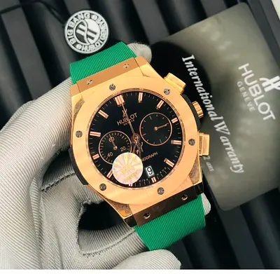 Hublot-style Rose Gold Chronograph Watch with Green Strap