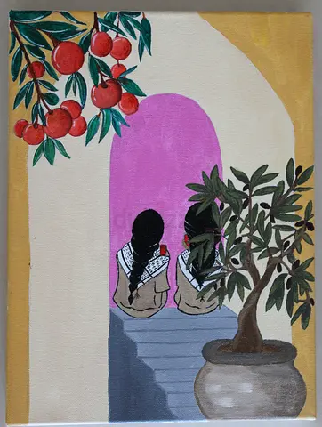 Palestinine Love - Handmande crylic painting of two girls by archway with oranges and olive tree.