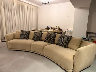 Light Beige Curved 5 and 3 Seater Sofa with Patterned Cushions