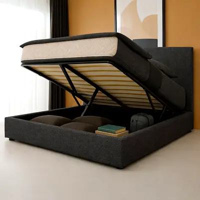 Black boucle gas lift storage queen bed frame