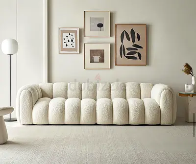 Cream Curved Tubular 3-Seater Sofa — Upholstered Bouclé