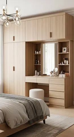 Light Wood Built-In Wardrobe with Vanity and Mirror