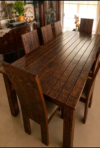 FLASH SALE : 8-seater Solid Rustic Wooden Dining Table with 8 Matching Chairs - Handmade Look