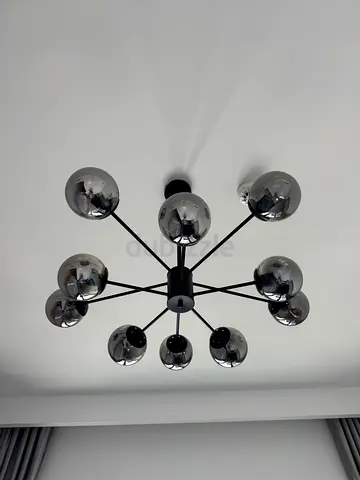 Modern 11-Light Sputnik Chandelier with Smoky Glass Globes