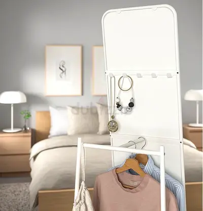 White freestanding clothes valet / wardrobe organizer with jewelry hooks