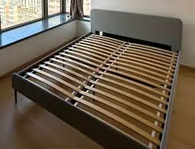 Queen Size Bed Frame with Slatted Base and Upholstered Headboard